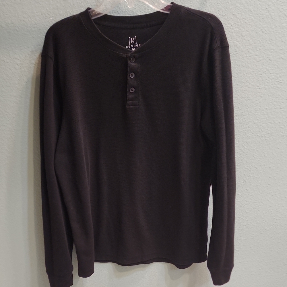 George Men's Long Sleeve Henley Black Size Large